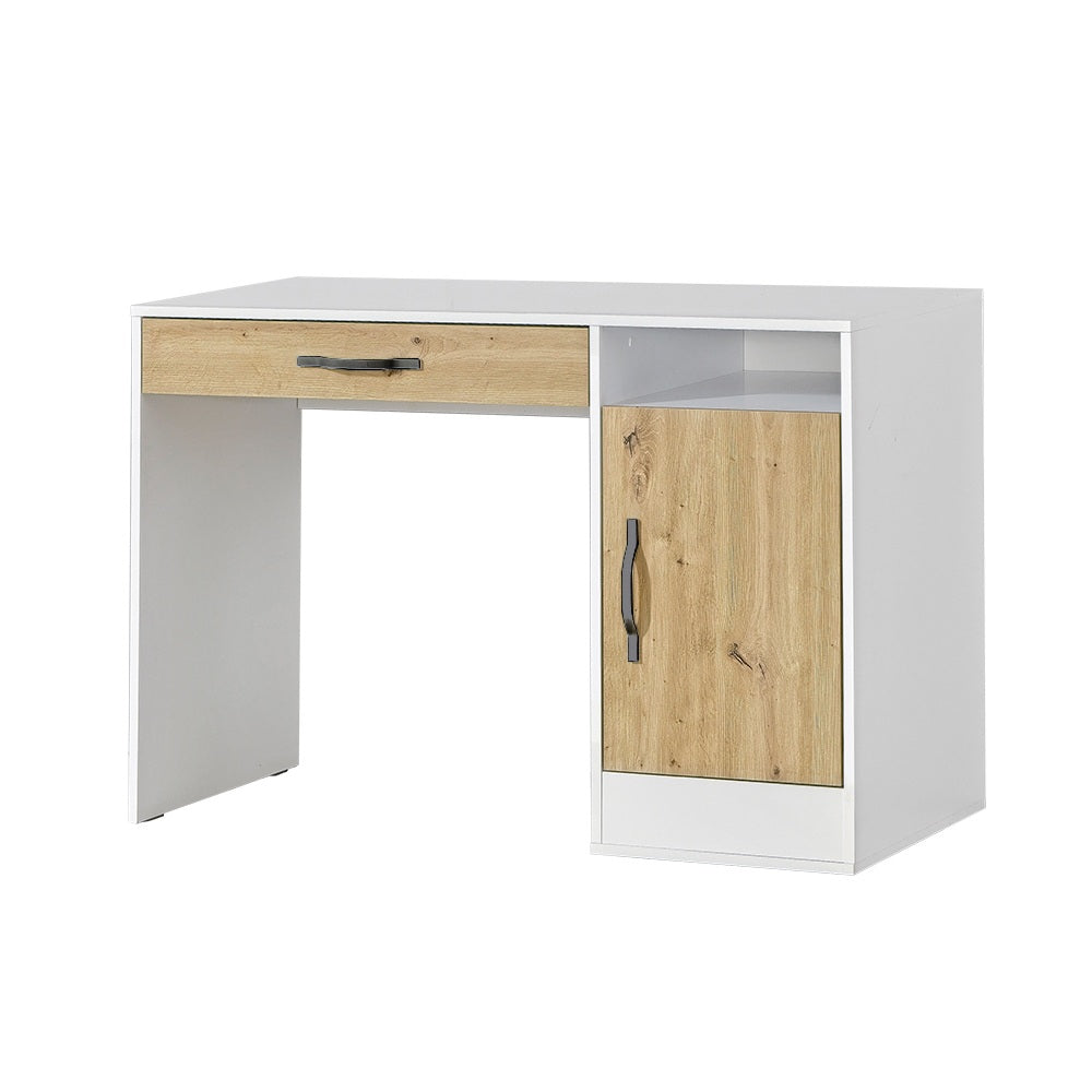Desk with drawer and cabinet – oak finish, black handles