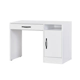 Desk with drawer and cabinet – white finish, bold black handles