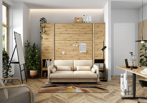 King size wall bed with sofa and side cabinets – Oak Artisan finish, closed position, warm wood texture