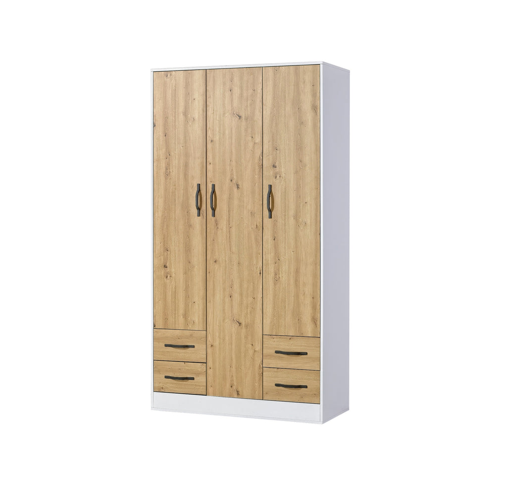 3-door wardrobe – oak front with black metal handles