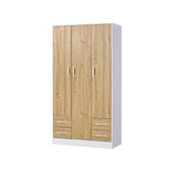 3-door wardrobe – oak finish with white handles for a soft contrast