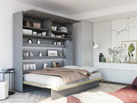 Wall bed open – Grey front, mattress extended, shown with overhead storage unit
