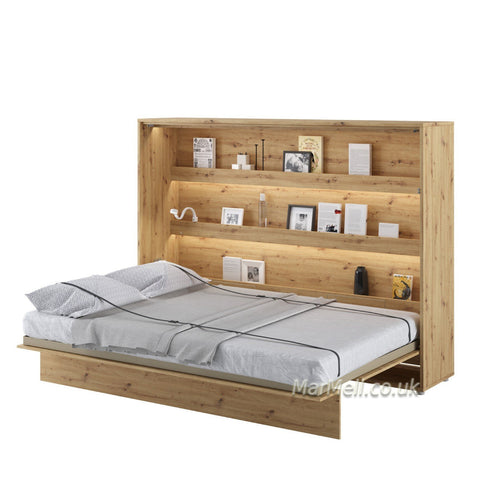 Wall bed open – Oak Artisan front, mattress extended, horizontal fold mechanism