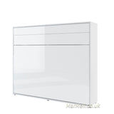 King size horizontal wall bed with shelves – White Gloss finish, sleek and reflective surface, closed position