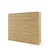 King size horizontal wall bed with shelves – Oak Artisan finish, warm wood texture, closed position