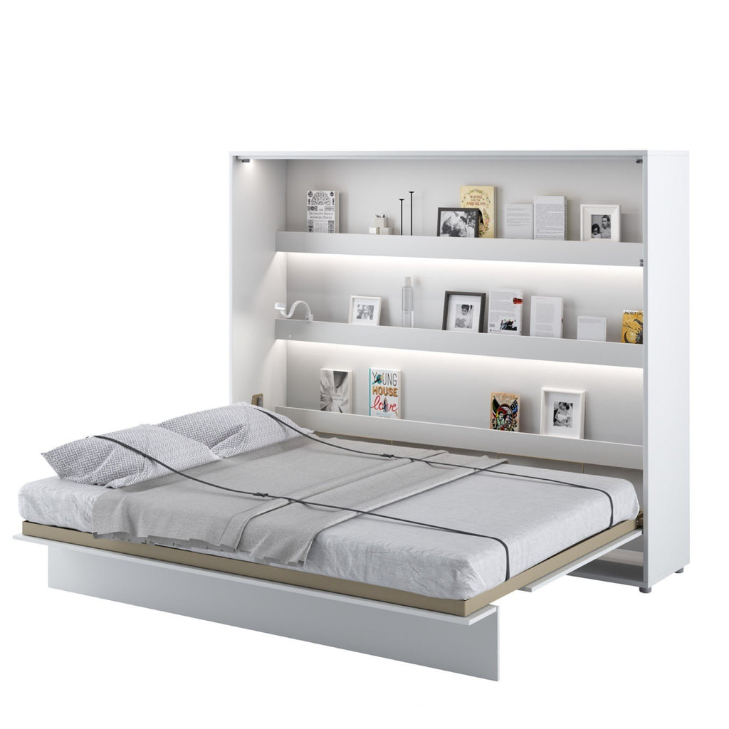 Wall bed open – White Matt front, mattress extended, shelves visible above sleeping area