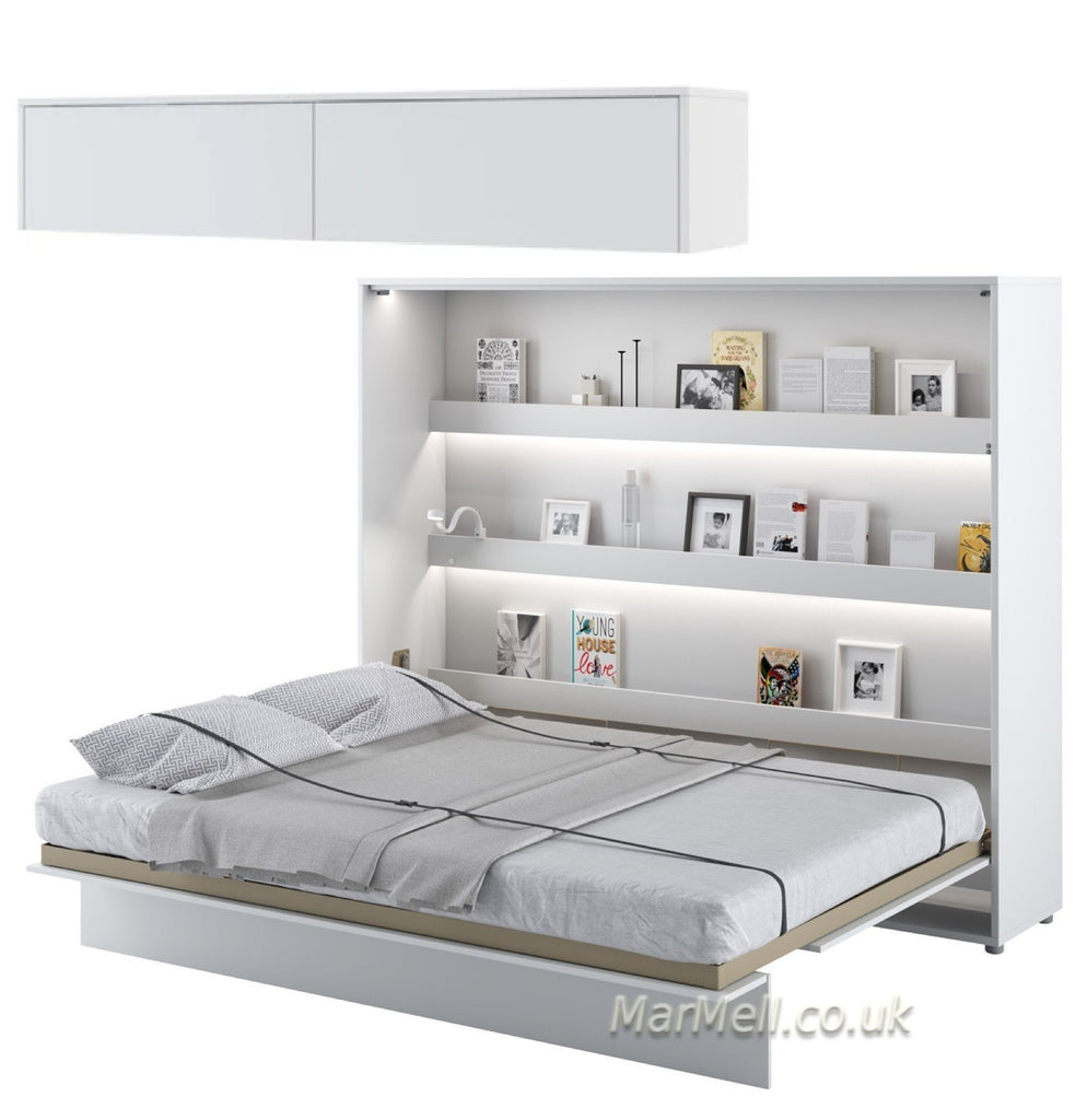 Wall bed open – White Matt front, mattress extended, shown with overhead cabinet and shelves