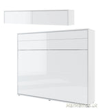 King size horizontal wall bed with overbed cabinet – White Gloss finish, sleek and reflective surface, closed position