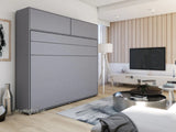 King size horizontal wall bed with overbed cabinet – Grey finish, neutral tone, closed position