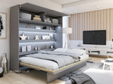 Wall bed open – Grey front, mattress extended, shown with overhead storage cabinet