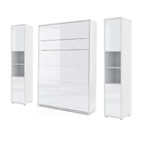 Double vertical wall bed with 2 cabinets – White Gloss finish, sleek and reflective surface, shown with tall cabinets