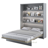 Wall bed open – Grey front, mattress extended, internal shelves shown