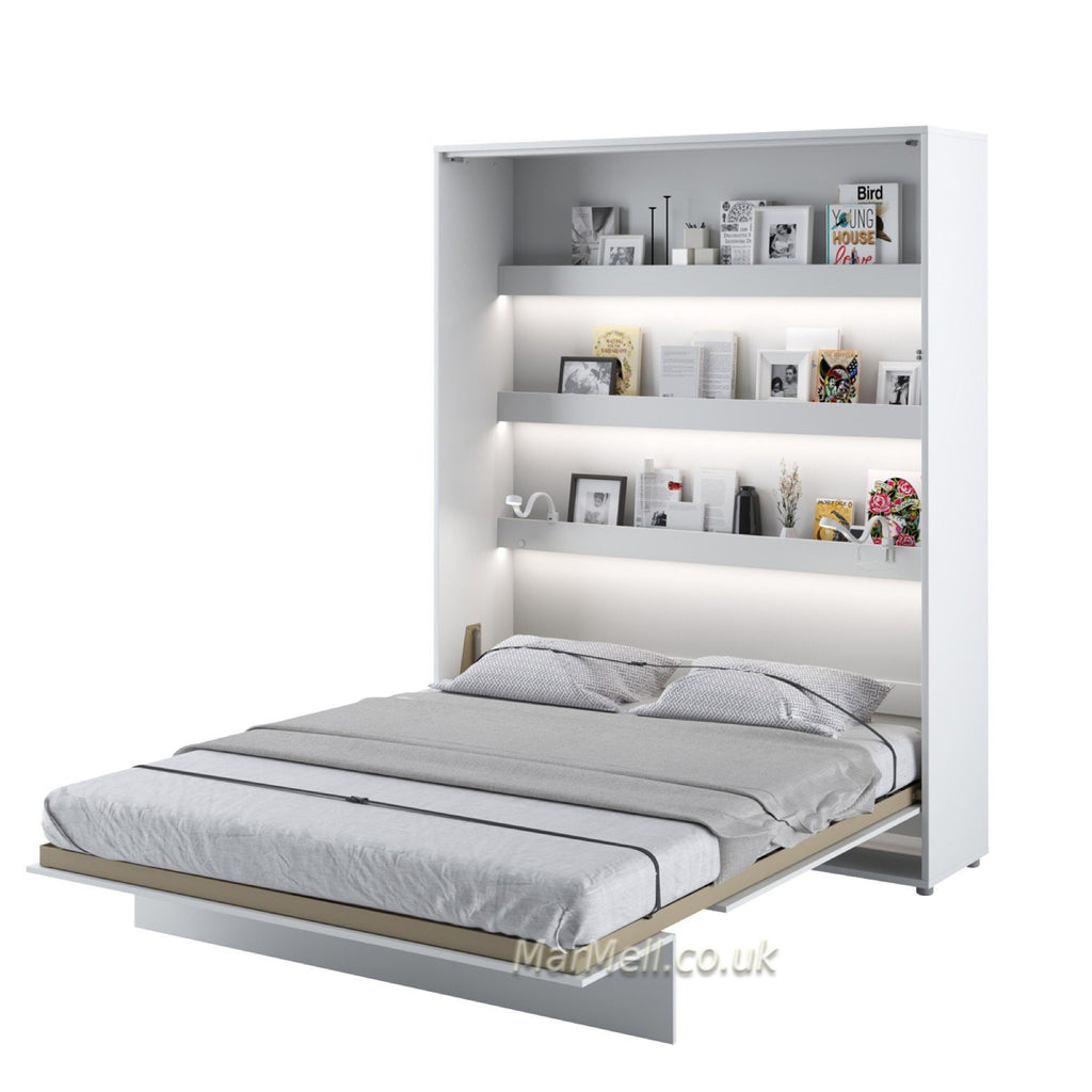 Wall bed open – White Matt front, mattress extended, shelves visible above sleeping area