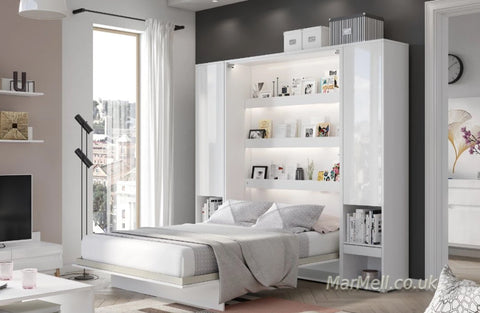 Wall bed set – White Gloss front and storage units, mattress extended, bright and polished look
