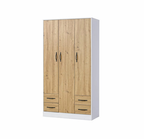 Contemporary 3-door wardrobe in oak wood finish with industrial black handles.