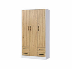 Contemporary 3-door wardrobe in oak wood finish with industrial black handles.