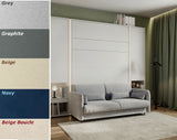 Colour options palette for pull-down bed with sofa – White Matt cabinet finish and wardrobes. Sofa fabric swatches Grey, Graphite, Beige, Navy, Beige Boucle. Modern Murphy bed by Marmell Furniture.