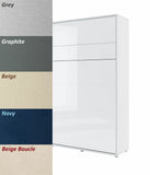 Double vertical wall bed in White Gloss with sofa color options Grey, Graphite, Beige, Navy, and Beige Boucle upholstery.