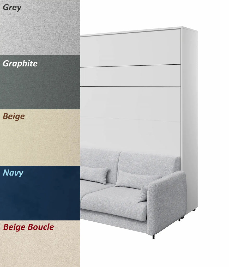 Double vertical wall bed in White Matt with sofa color options Grey, Graphite, Beige, Navy, and Beige Boucle upholstery
