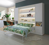 Double vertical wall bed with 2 side cabinets – styled in modern bedroom interior, white front