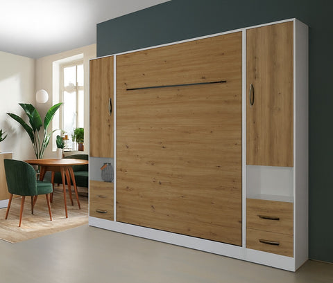 Double vertical wall bed with 2 side cabinets – styled in studio apartment, oak front