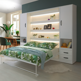 Double vertical wall bed with 2 side cabinets – white front, black handles, open bed position