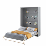 Open grey vertical wall bed in double size, displaying the heavy-duty spring opening system and convenient internal bedding straps