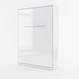 Closed vertical folding Murphy bed in double size with luxury white gloss front panels and elegant metal handles