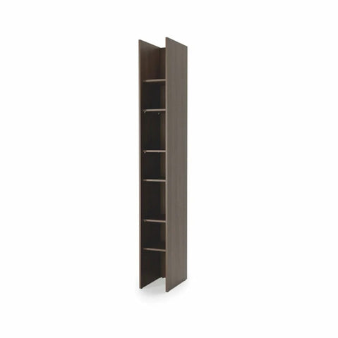Slim tall bookcase side cabinet with six shelves in use, finished in natural Oak Dunin wood tone, smoothly pulled out alongside a matching wall bed system.