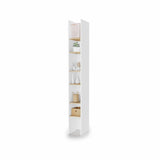 Slim tall bookcase side cabinet with six shelves in use, featuring a White Matt outer frame and Oak Artisan interior shelves, fully extended next to a wall bed setup.