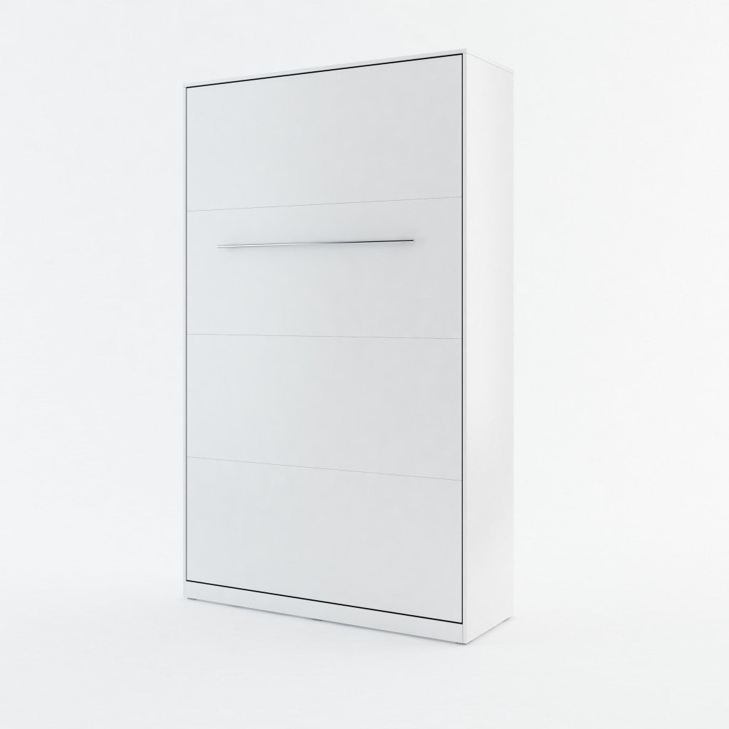 Small double vertical wall bed with spring mechanism – white finish, closed view with metal handles