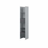 Elegant high bookcase side cabinet in solid grey finish, featuring a hinged door, open shelves, and a matching bottom drawer, closed view