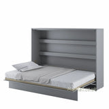 Grey double horizontal wall bed lowered down, showcasing a fully matching grey interior frame and integrated shelves.