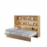 Unfolded double horizontal wall bed featuring a fully uniform oak artisan wood texture across the inner headboard and side panels.