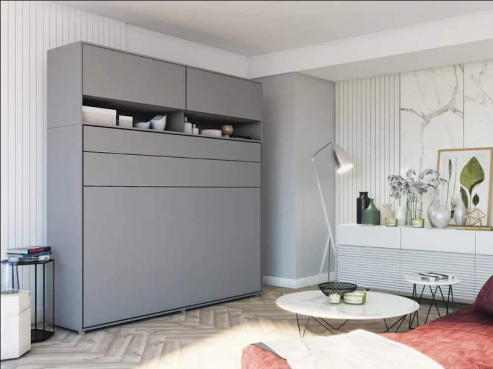 Contemporary grey double horizontal wall bed with a matching overbed storage cabinet, shown in its closed position.