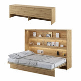 Open double horizontal wall bed in warm oak artisan finish with a matching overbed cabinet system and sturdy internal display shelves.