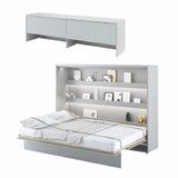 Opened white matt double horizontal wall bed with top storage cabinet and internal shelves, showcasing a comfortable sleeping area.