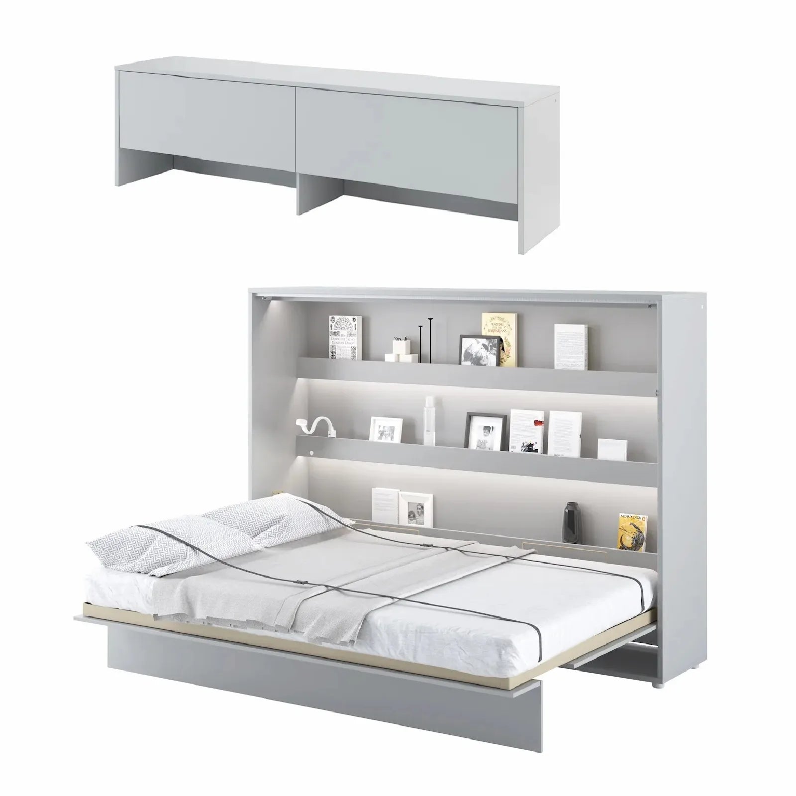 Opened white matt double horizontal wall bed with top storage cabinet and internal shelves, showcasing a comfortable sleeping area.