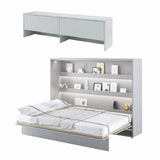 Opened white matt double horizontal wall bed with top storage cabinet and internal shelves, showcasing a comfortable sleeping area.