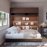 Open, double, horizontal wall bed with lift-up top door to reveal storage space in Oak Dunin.