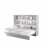 Unfolded double horizontal wall bed in white matt with internal shelves, showing a comfortable bed area ready for use.
