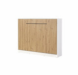 Closed double horizontal wall bed with white cabinet and oak front panels, equipped with industrial-style black handles for a minimalist look
