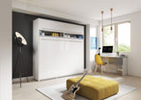 Closed luxury white gloss horizontal folding bed in double size with a matching overhead storage cabinet