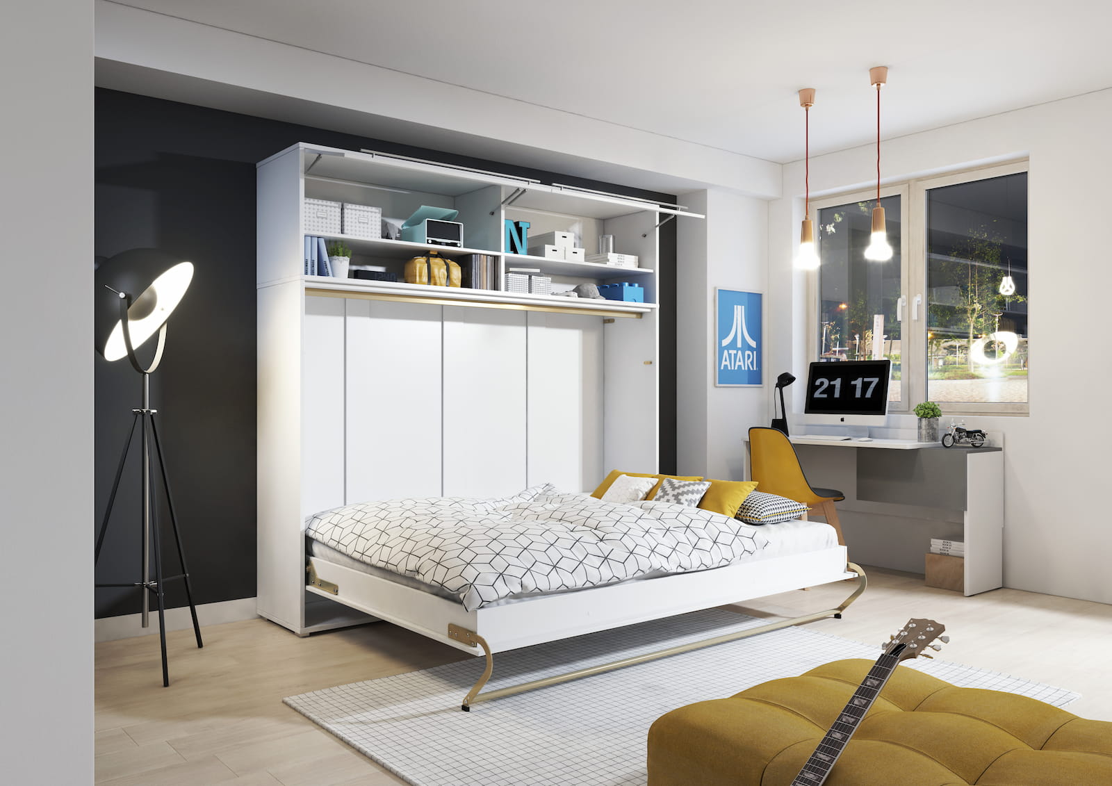 Open double horizontal wall bed in white matt finish, featuring an unfolded bed frame and a spacious top storage unit above