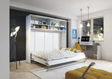 Open double horizontal wall bed in white matt finish, featuring an unfolded bed frame and a spacious top storage unit above