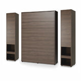 Closed double vertical wall bed system in Oak Dunin finish with two side cabinets featuring pull-out nightstand drawers.