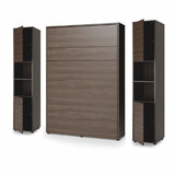 Closed double vertical wall bed system in Oak Dunin finish with two side cabinets featuring open central shelving.