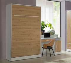 Double vertical wall bed cabinet with natural oak pattern fronts and white handles, closed position shown in the room.