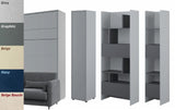 A modern Grey double vertical wall bed featuring a built-in sofa and 3-piece storage set, shown with sofa colour samples.