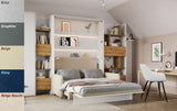 White Matt European double vertical wall bed (140x200 cm) with sofa and 3 storage units, shown with sofa colour samples.